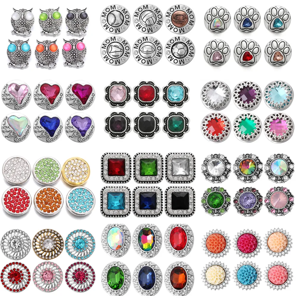 6 шт./лот цветов металлические Смешанные браслеты с кнопками 18 мм и стразами для