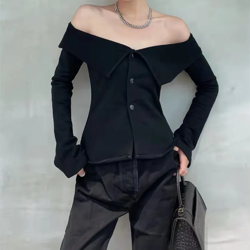 

Женская черная рубашка с воротником-лодочкой, однобортная пикантная универсальная блузка с длинным рукавом, облегающие весенние женские б...