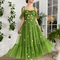 green a line prom dresses ankle length spaghetti straps prom party gowns with 3d flowers evening gowns