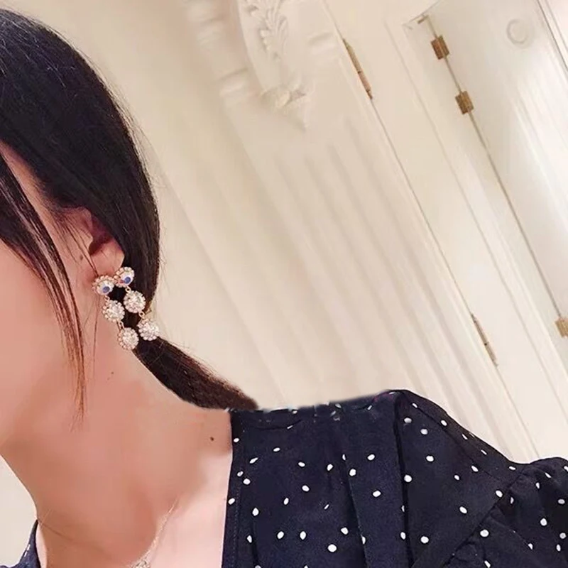 MENGJIQIAO новые корейские роскошные круглые хрустальные длинные висячие серьги для женщин геометрические двухрядные вечерние подвески ювелирные изделия