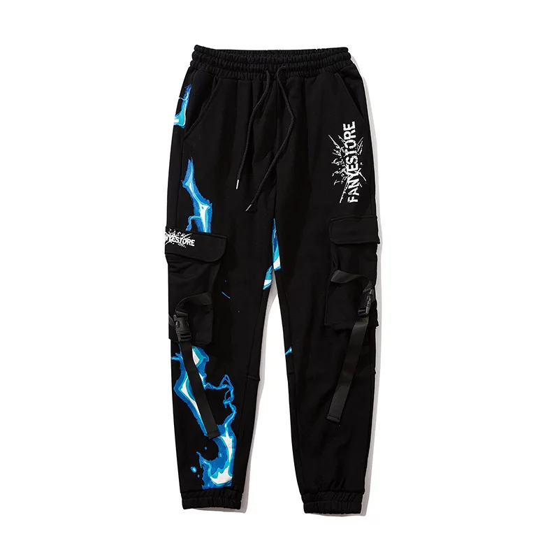 

2020 Mens Hip Hop Sweatpants Joggers Streetwear Blue Lightning Print Baggy Cargo Pants Sweat Trousers Cotton Track Pants Black