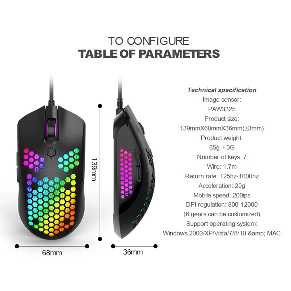 

M5 7 Keys Gaming Mouse Honeycomb USB Wired Optical Mouse 6 Gears 12000DPI Adjustable Symmetrical Ergonomic Gaming Mice for PC