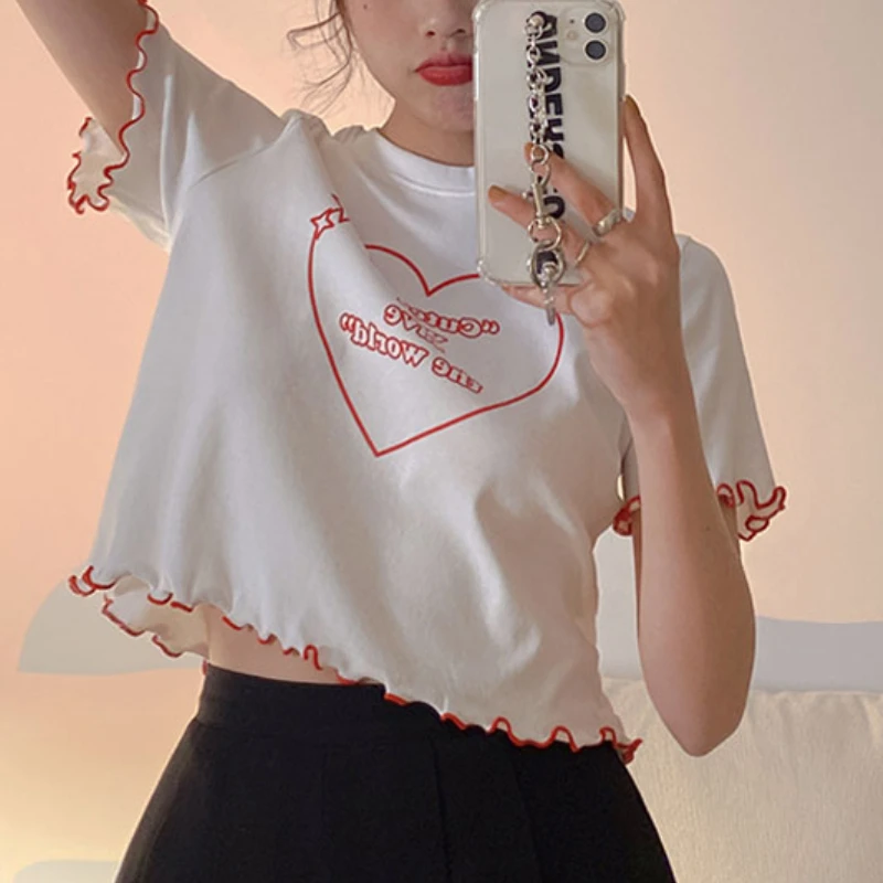 

Women Casual O-neck Summer Tops 2021 Korean Cute Heart-shaped Letter Printed Short Sleeve T-shirts Female White Sweet Tshirts