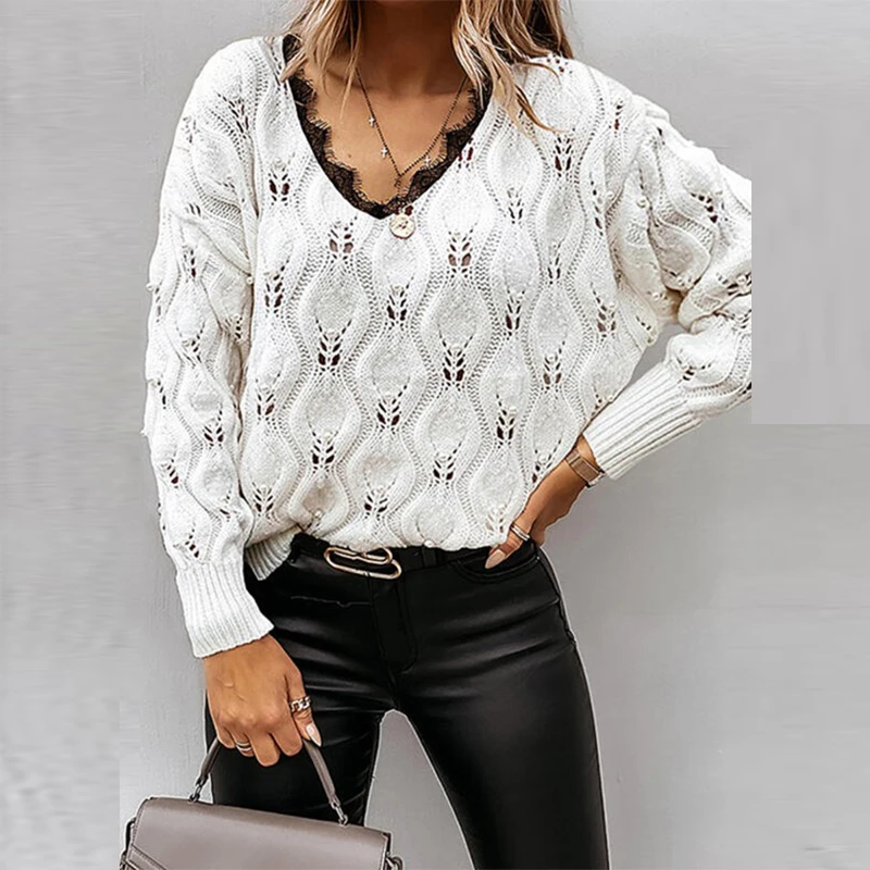 

Casual V-Neck Patchwork Lace Sweaters Jumpers Women Lace Hollow Out Lady Knitted Sweater Autumn Winter Long Sleeve Tops Pullover