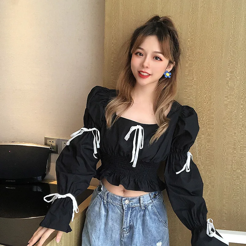

White Crop Top Sweet Style Korean Clothes Bow Blouse Women Fashion Brand Slim Flare Collar Shirts Square Collar Autumn New