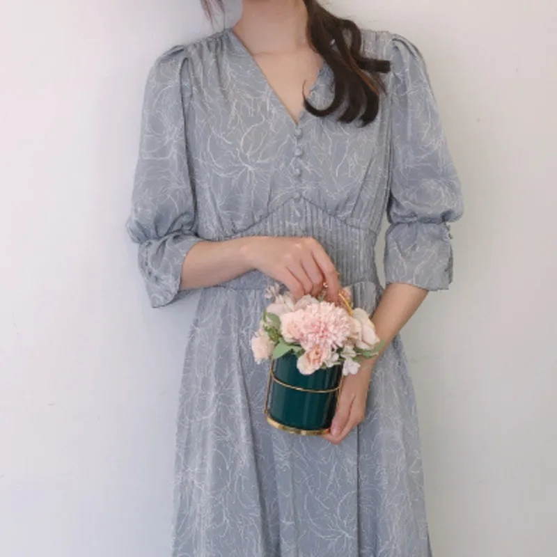 

Long Sleeve Slim Pullover Dress Women V Neck Vintage Print High Waist Hip A Line Long Vestidos Spring 2021 Robe Vestido De Mujer