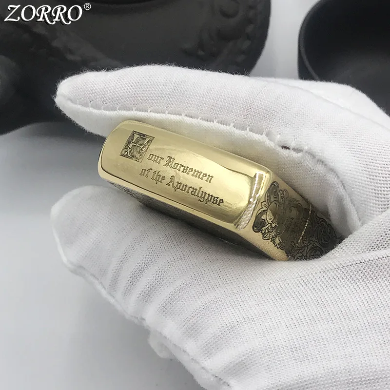 

Original Zorro Brass CARVED Kerosene Lighter.Fashion Four Horsemen Etching. Metal Windproof Delicate Men's Smoking Gift