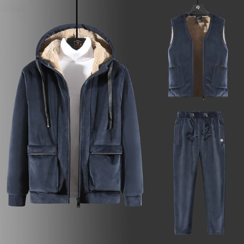 2021New Men Hoodies Winter Causal Tracksuits Men 3 Pieces Sets Hooded Thicken Fleece Hoodies + Sweatpant+Vest Fitness Jacket