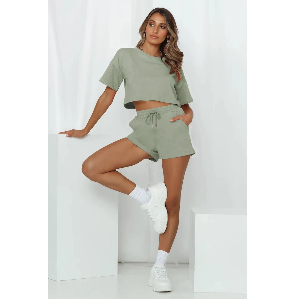 2021 New Shorts Sets Casual Tracksuit Women Crop Top +Shorts Suits Two Piece Set Woman Loose T-shirt Nightwear Casual Home Wear