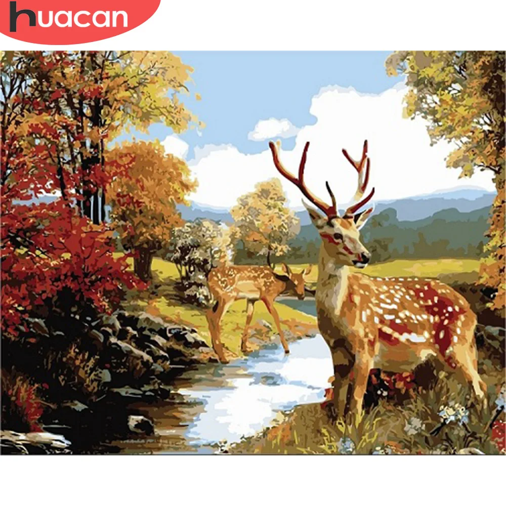 HUACAN Pictures By Numbers Kits Deer Animals Oil Painting Autumn Drawing Canvas HandPainted DIY Home Decoration Gift