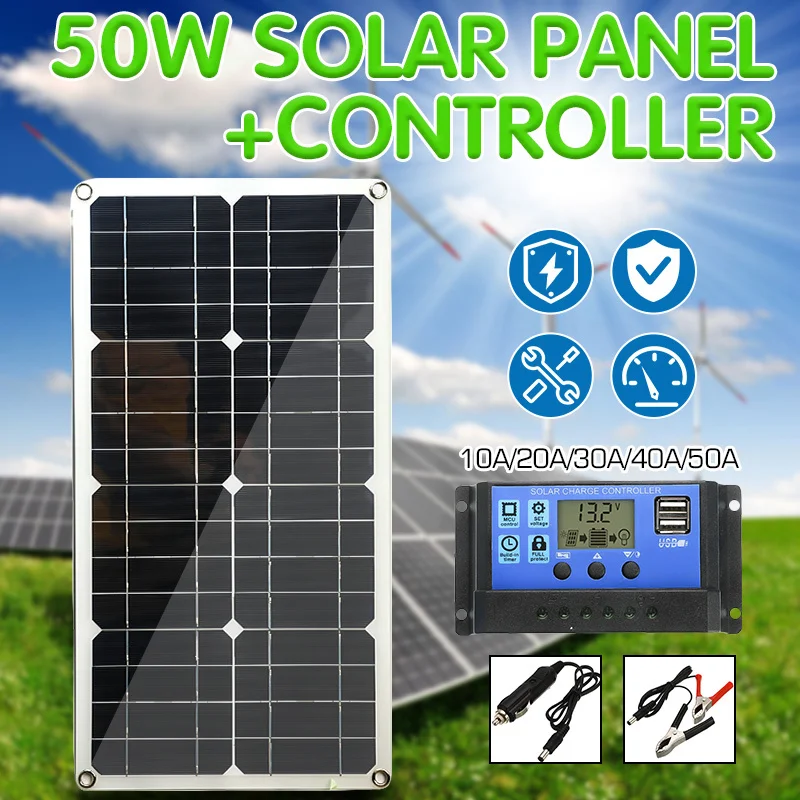 

50W Dual USB Poly Solar Panel Solar Panels Output Solar Cells 10/20/30/40/50A Controller for Car Yacht 12V Battery Boat Charger