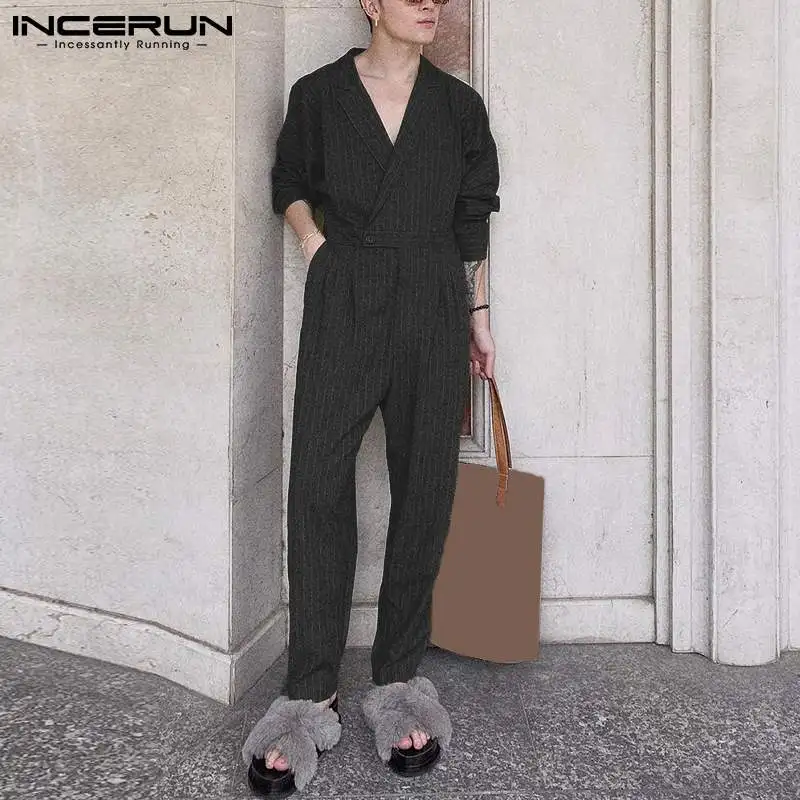 

INCERUN Men's Fashion Casual Style Striped Onesies Overalls Male Long Sleeve Lapel Collar Loose Comeforable Jumpsuit S-5XL 2022