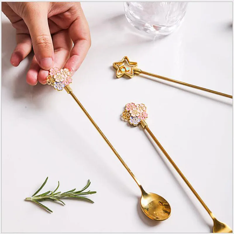 2PCS Cherry Blossom Spoon Fork Japanese creative cute stainless steel coffee spoon Home kitchen star long handle stirring | Дом и сад
