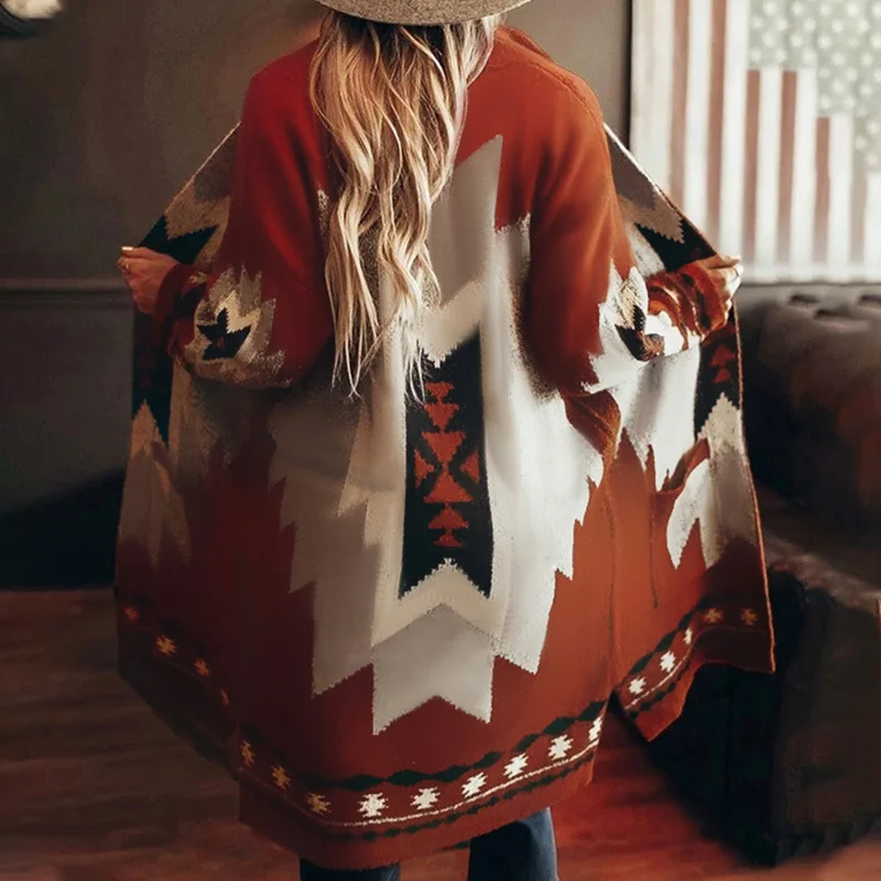 

Autumn Ethnic Printed Woolen Coats Women Single Breasted Long Sleeve Coat Female 2020 Fashion Big Pocket Ladies Long Overcoat