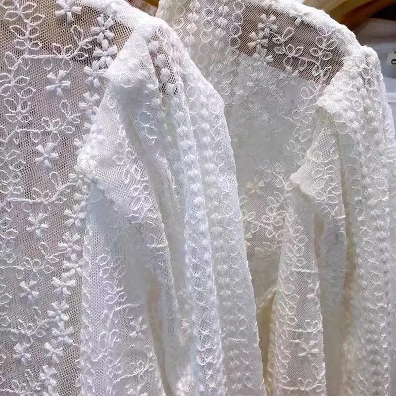 

Korean Chic Blouse Women Temperament V-neck Heavy Lace Crochet Floral Shirt See Through Tops Blusas Mujer De Moda