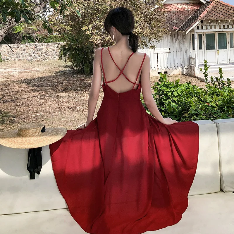 

Vintage Party Korean Runway Vestidos New Women Red Maxi Backless Sundress High Waist Slim Summer Vacation Long Beach Dresses