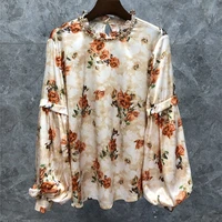 top quality silk blouse shirts 2022 spring summer large tops women elegant floral print long sleeve apricot black silk tops