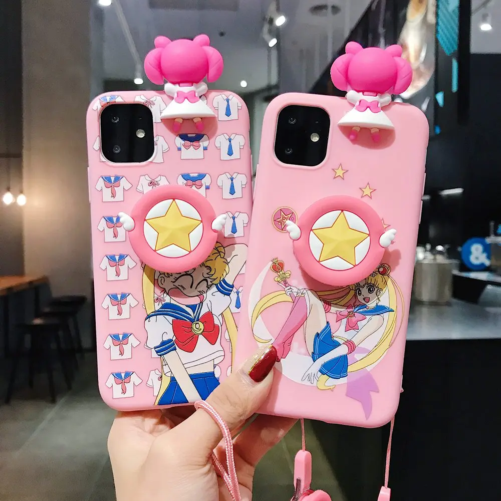 Милый мультяшный Сейлор Мун розовый чехол для телефона для iPhone 11 Pro X 8 7 6s Plus XS Max XR мягкий 3D кукольные игрушки стенд ремешок задняя крышка