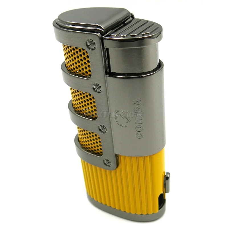 COHIBA элегантный Gridding Stripes ветрозащитный 3 фонарь Jet Flame многоразовая зажигалка с сигарой и подарочной коробкой
