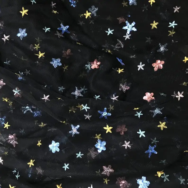 

Colorful Sequined Stars Fabric - Black/Pink/Off White/Apricot Tulle Lace - Soft Gauze Fabric - 51" Wide By The Yard