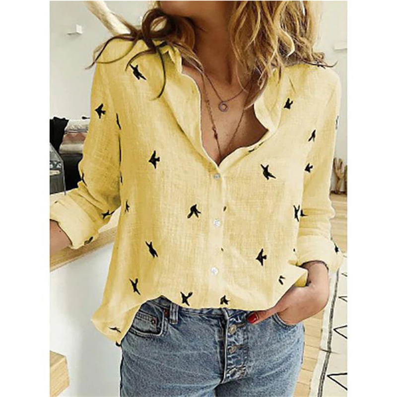 

Plus Size 5XL 2021 Birds Printed Women Shirt Cotton Linen Long Sleeve Female Shirts Spring Summer Loose Casual Lady Vintage Tops