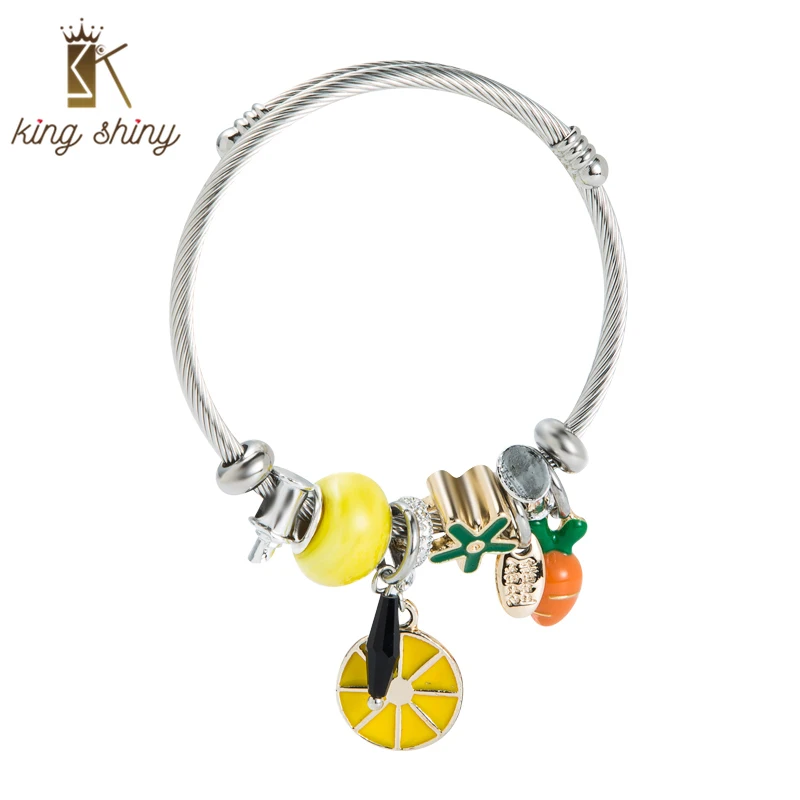 

King Shiny Elegant Bohemian Fruit DIY Cuff Bangle Personality Pineapple Carrot Adjustable Open Stainless Steel Bracelet for Girl