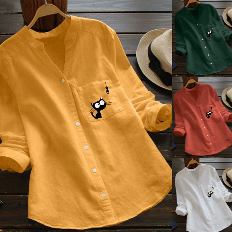 

Женские топы и блузки с длинным рукавом, повседневные Модные свободные льняные Топы Lugentolo с круглым вырезом и карманами