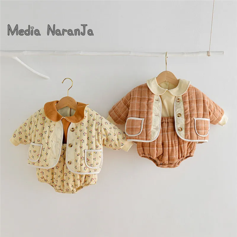 

Baby girl clothing set autumn winter clothes infant bodysuit + warm cotton coat two-piece suit