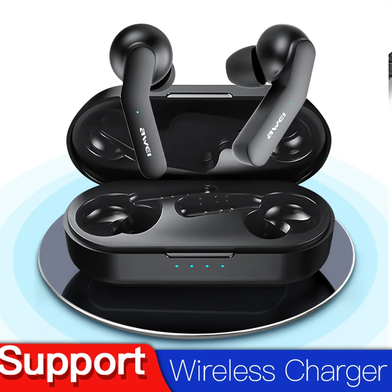 BK Wireless Charging AWEI, настоящие беспроводные стерео наушники с сенсорным управлением, Bluetooth 5,0, супер бас, Hi-Fi гарнитура, водонепроницаемая гарнитура с двойным микрофоном - Color: BK Wireless Charging
