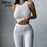 sisterlinda comfortable knitting fitness two pieces set women active wear sleeveless topselastic pants skinny tracksuit outfits