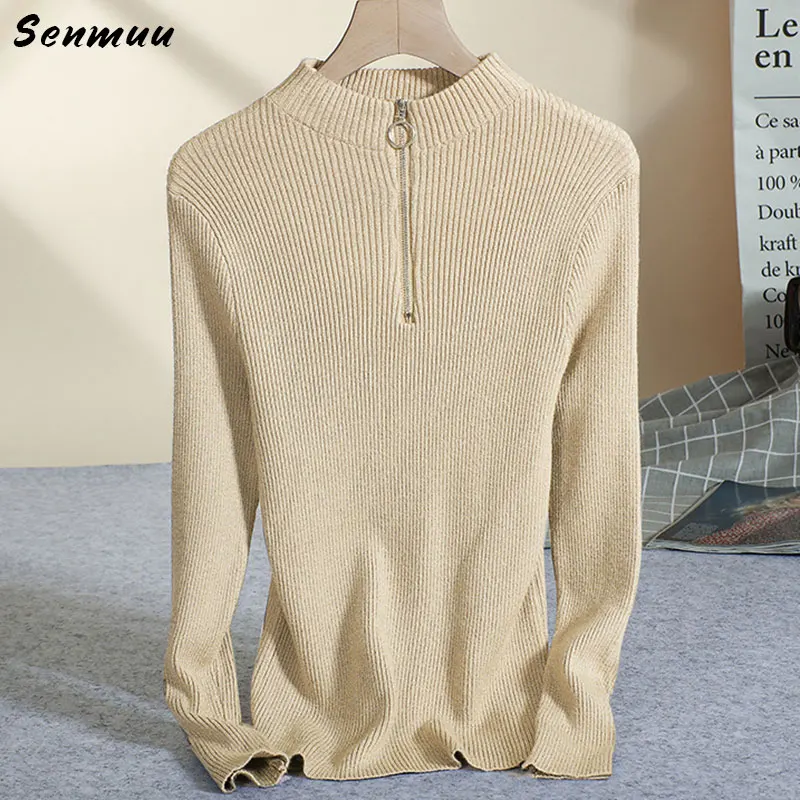 Ribbed Zip Front Mock Neck Sweater for Women Bandage Slim Pullovers Solid Color Long Sleeve Female Jumper Top Autumn Newest 2019 | Женская