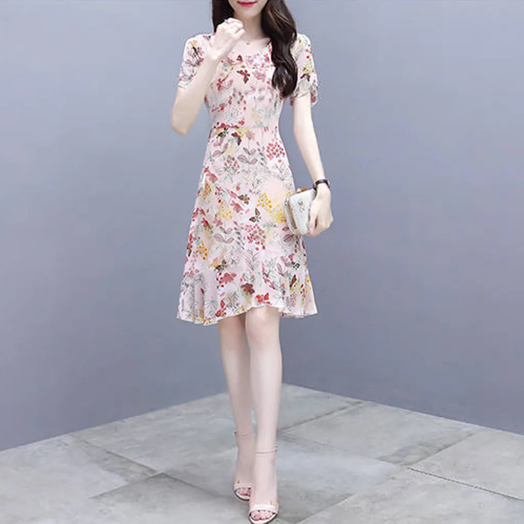 Модное повседневное женское мини-платье с круглым вырезом и коротким рукавом