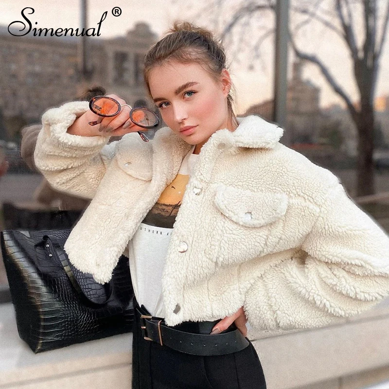 

Simenual Cozy Faux Lambswool Fleece Jackets Women Autumn Winter Warm Fashion Coats Long Sleeve Casual Pocket Button Outerwear