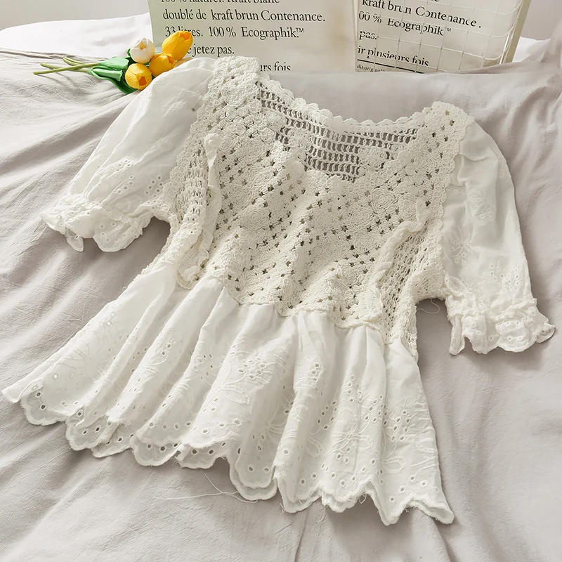 Летняя Новинка прозрачный короткий топ с вязаным крючком и цветами женская