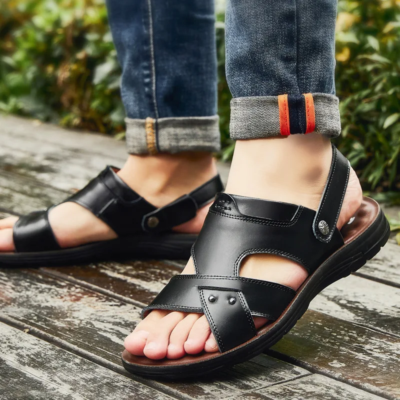 

Сандалии мужские двухслойные из воловьей кожи, пляжная обувь, верхняя одежда двойного назначения, мужские тапочки, лето 2021