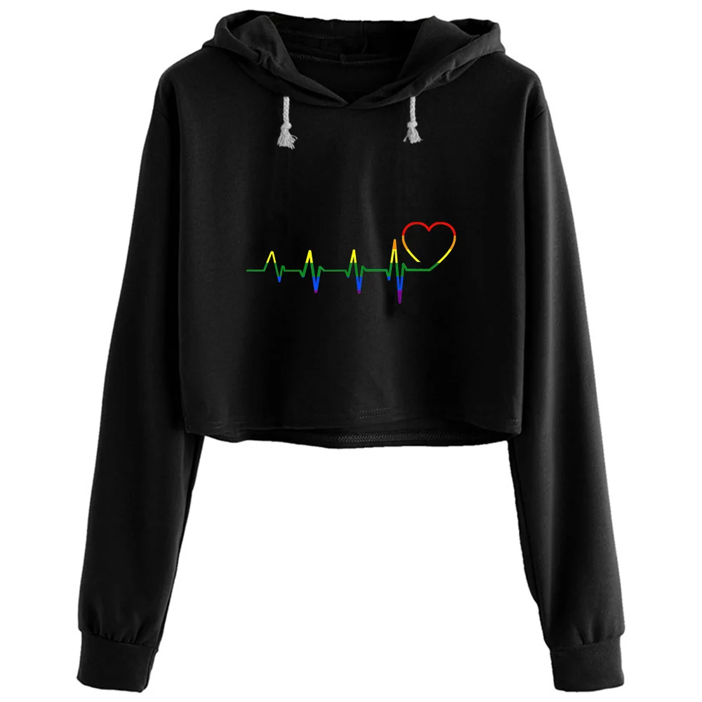 

Lgbt Pride Rainbow Heartbeat Gay Pride Month Crop Hoodies Women Kawaii Goth Grunge Harajuku Pullover For Girls