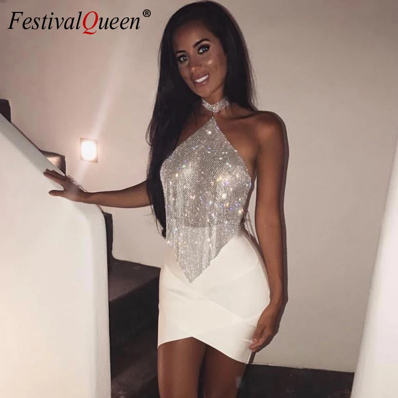 

FestivalQueen 2022 Glitter Halter Rhinestones Crop Top Women Backless Party Camis Summer Sexy Diamonds Sequins Tank Top For Lady