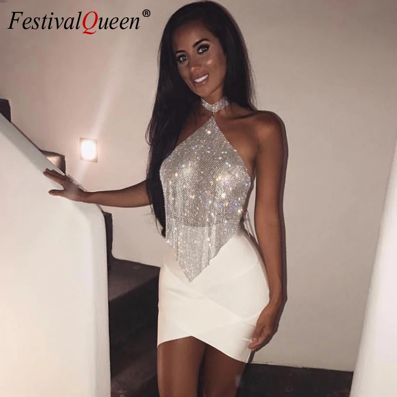 Женский Блестящий укороченный топ на бретельках FestivalQueen вечерние топы с открытой