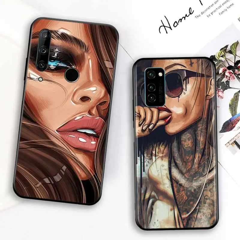 

Bright Black Cover Sexy Sleeve Tattoo Girl for Huawei Honor 30 20S 20 10i 9S 9A 9C 9X 8X 10 9 Lite 8A 7C 7A Pro Phone Case