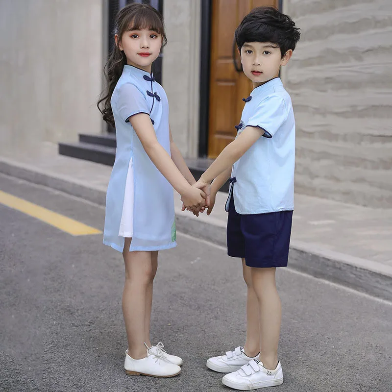 Школьный танцевальный костюм для девочек платье Чонсам с короткими рукавами