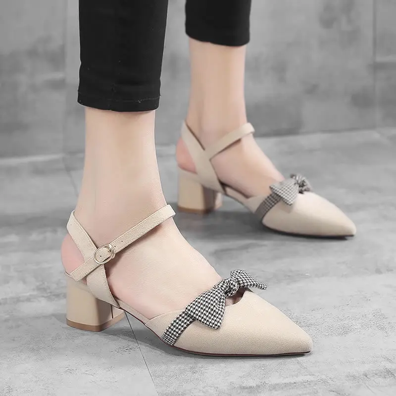 

Retro Sandals Female Solid Flock Pointed Toe Thick High Heels Word Buckle Strap Bow Knot Women Shoes Woman 2020 Summer Sandals