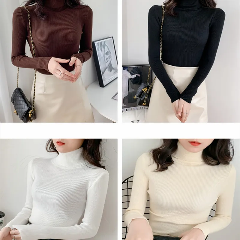 

Solid Women Sweater Knitted Tops for Women Long Sleeve Tops Women Half High Collar Thin Clothing White Female 2021 Basic Sweater
