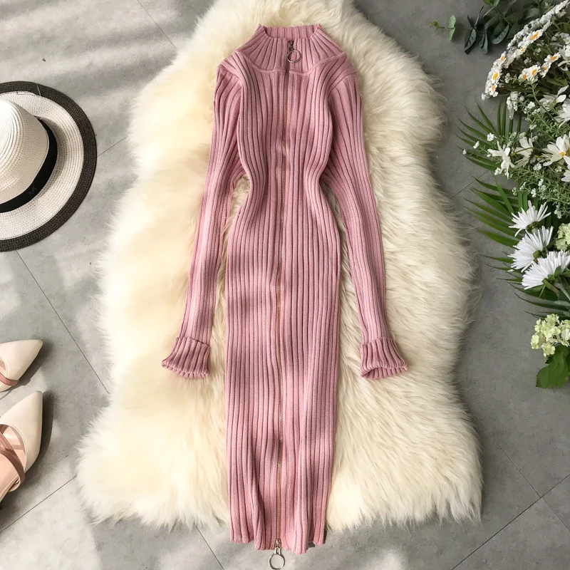 Осень зима 2019 новинка цельный на молнии тонкий талии с разрезом трикотажный низ