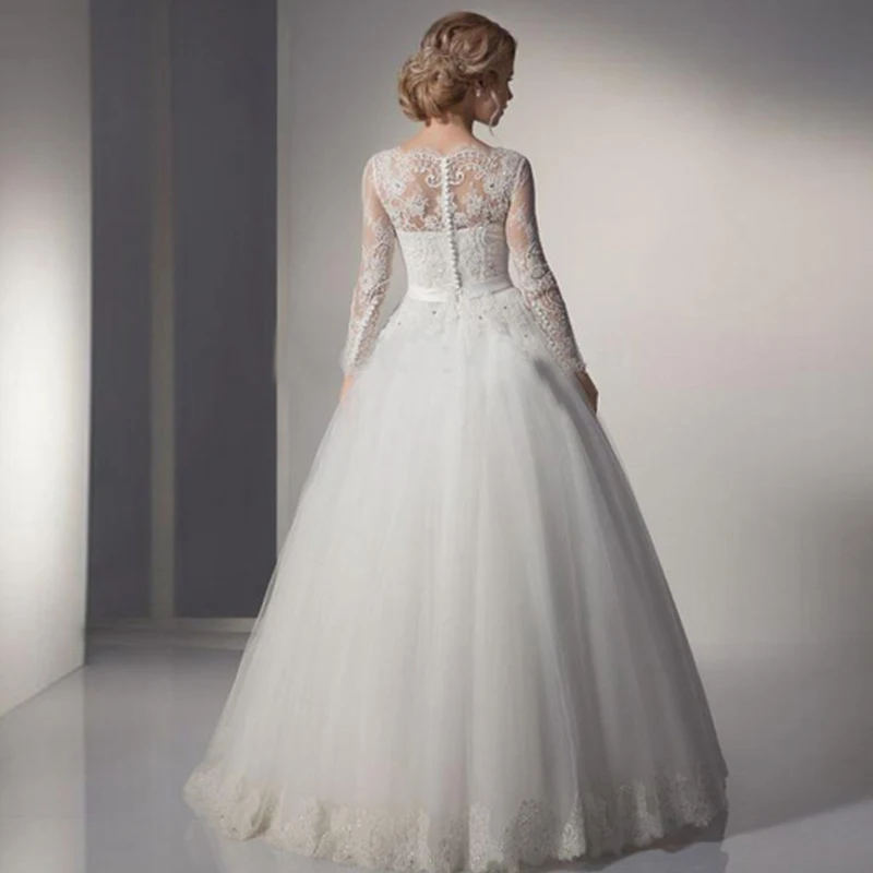 

Elegant long sleeves with lace wedding dress New style Zipper back with button Lace skirt Belt with pattern wedding gown