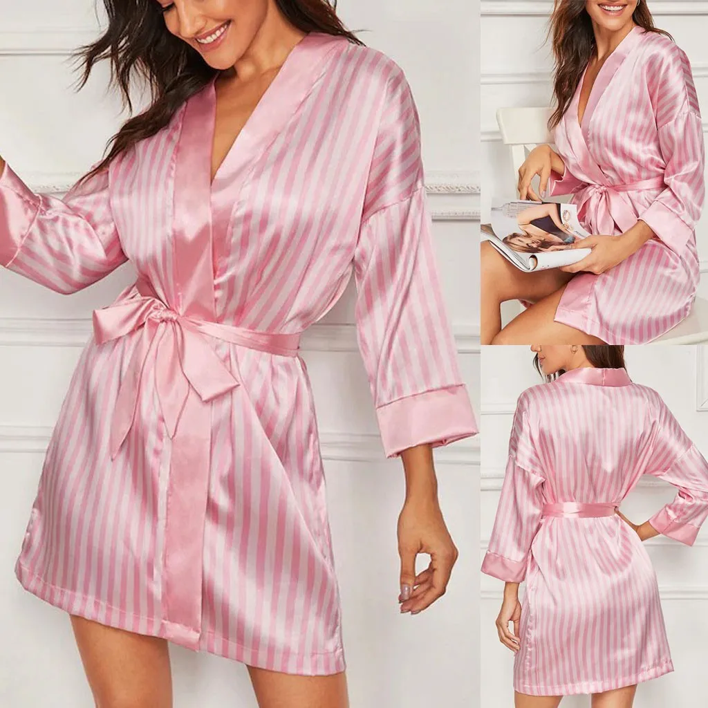Plus Size Sexy Lingerie Women Silk Stripe Robe Satin Bathrobe Sleepwear Pajamas Lace Nightdress Nightgown Dropship #D | Женская одежда
