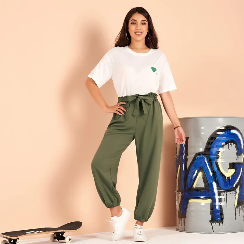 

Летняя новая стильная женская модная футболка с принтом Love, брюки с завышенной талией и цветочным принтом, штаны с завязкой, комбинезон, шар...