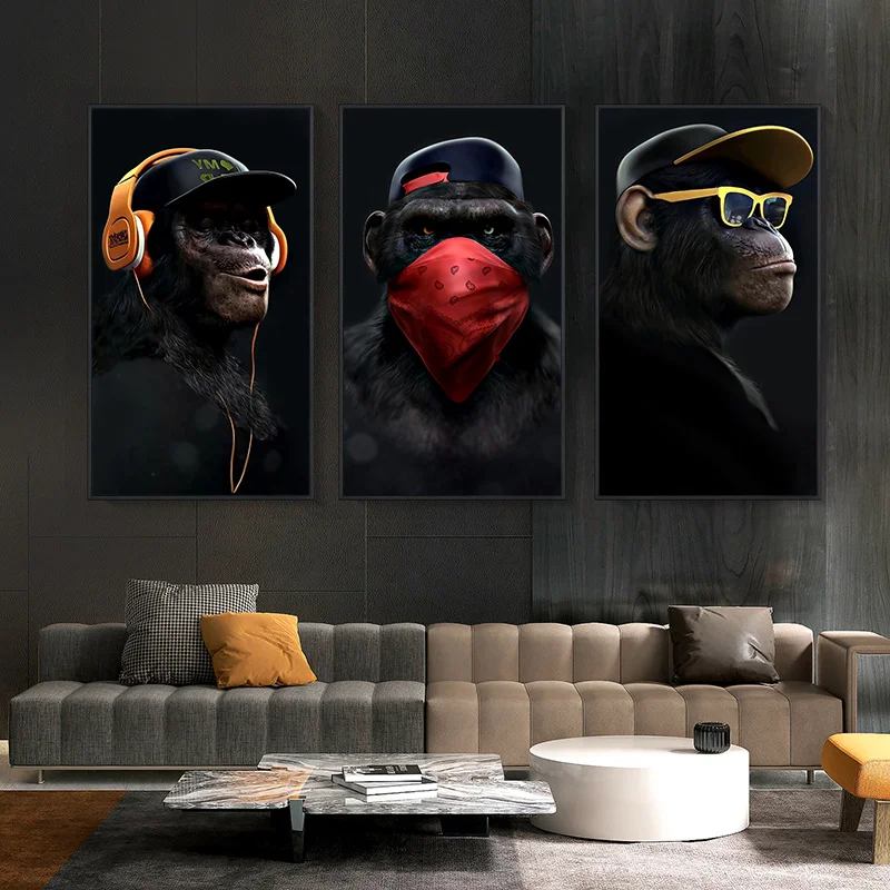 

Funny Animal Painting Scarf Gorilla Canvas Oil Paintings Posters Wise Monkeys Wall Art Canvas Prints for Living Room Decoration