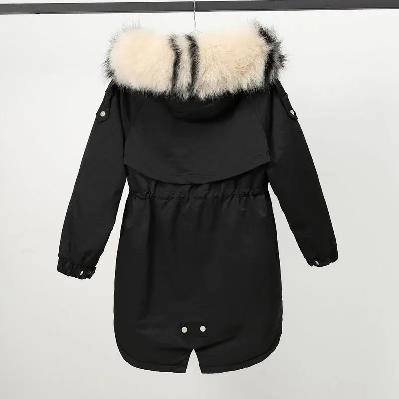 

Fashion New warm winter coat big yards long hooded in lambs wool draw string waist collars cotton padded clothes women 1826