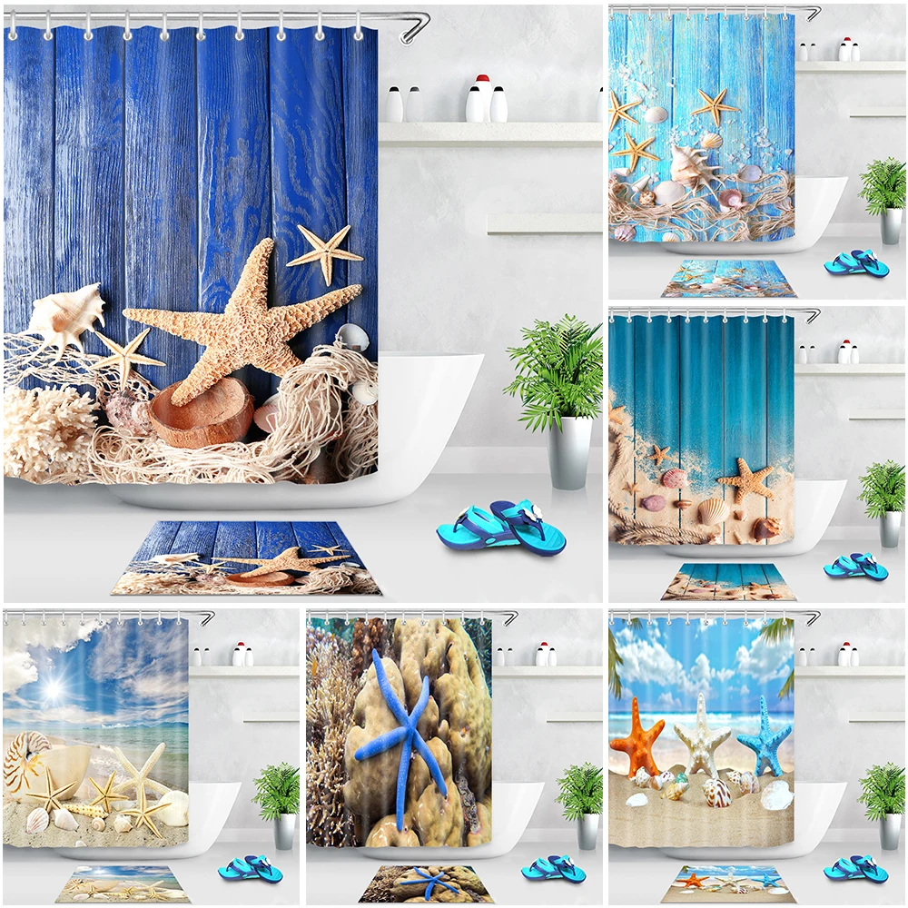 

Шторы блэкаут пляжные с 3D-принтом морской звезды, водонепроницаемые занавески без перфорации для ванной комнаты, украшение для дома