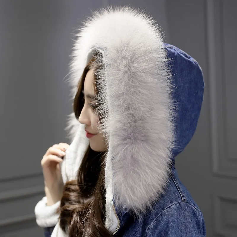 

Top Quality Long Loose Fit Warm Denim Coat Female Winter Cap Fur Lining Overcoat Feminino Korea zipper Costume Women Casacos